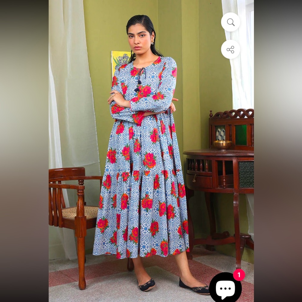 100% Cotton GENERATION Blue and Red Floral Long Sleeve Dress